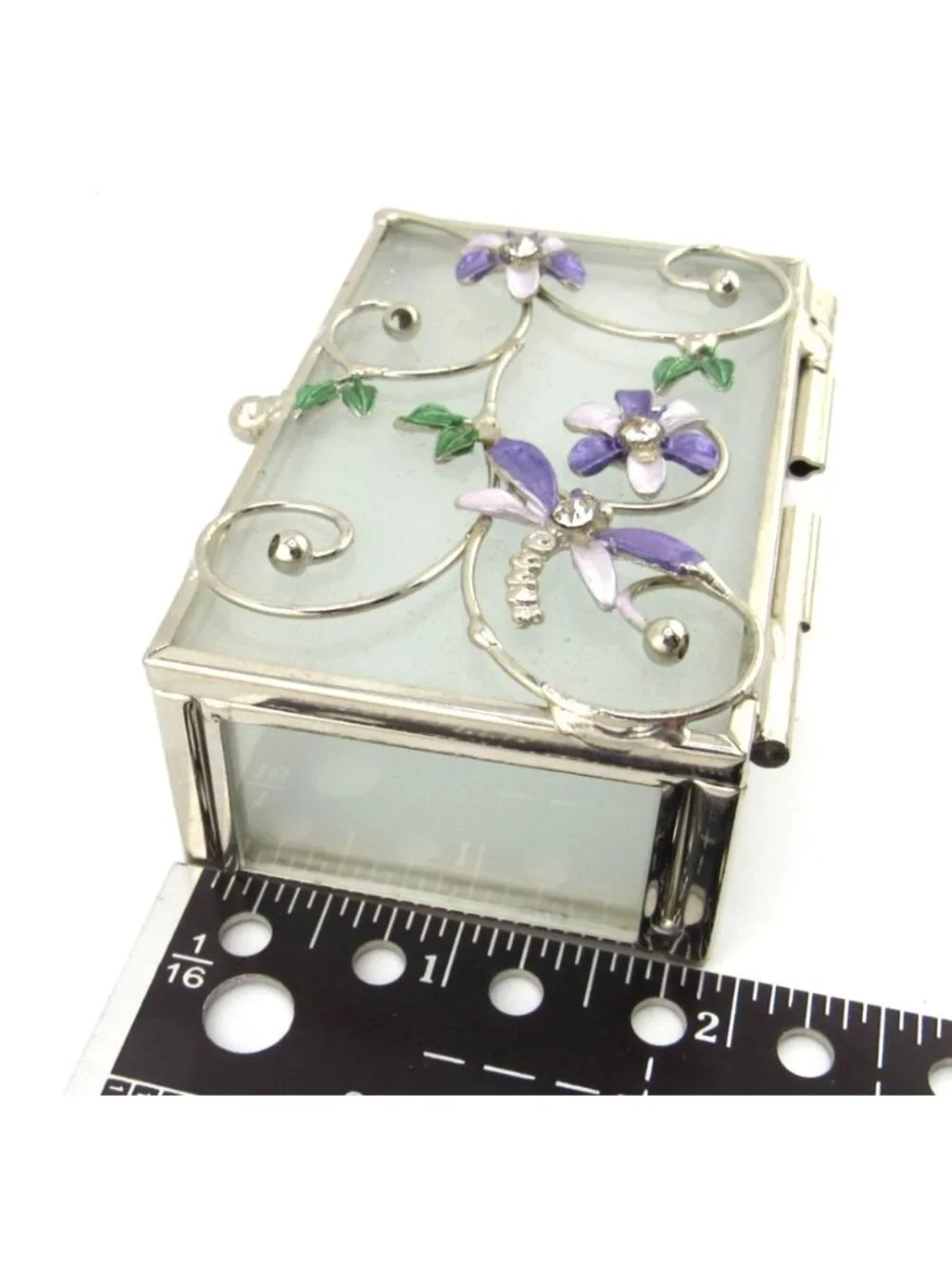 VINTAGE DRAGONFLY/FLORAL FROSTED GLASS METAL TRIM VANITY TRINKET JEWELRY BOX